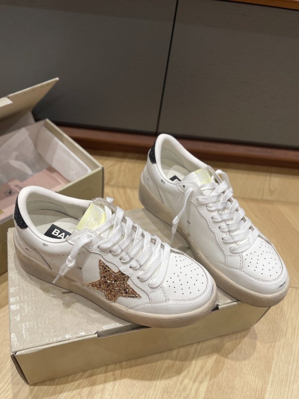 Golden Goose Ball Star White Leather Sneakers with Glitter Star
